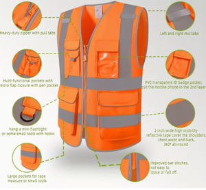 Chaleco de Seguridad Naranja de Alta Visibilidad para Hombre con Tiras Reflectantes, Bolsillos con Cremallera y Múltiples Compartimentos - Product Image 4
