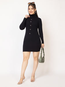 <b>Women</b> Vintage <b>Wool</b> Mini Ribbed Knit Breathable Thin Bodycon <b>Dress</b> | Full Sleeve High Neck Button Detail | Stretchable Winter - Product Image 3