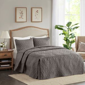 Dark <b>Grey</b> Queen 3-Piece Split Corner Pleated Quilted <b>Bedspread</b> Stylish Comfort for Your Bed - Product Image 1