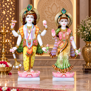 Lakshmi Narayan Ji Marble Murti | Handcrafted Vishnu Lakshmi Standing Statue with Peacock Crown Details | MALIYAS Jaipur - Product Image 1