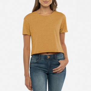 T-shirt court pour femme, couleur moutarde, manches courtes, col rond, couleur unie, décontracté, 100% coton jersey respirant, à porter au printemps et en été - Product Image 1