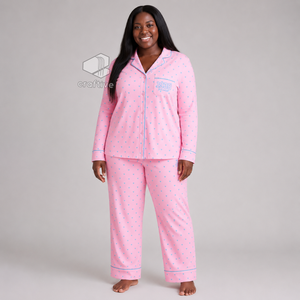 Jack And Jill Of America Women's Pink Heart Print Pajama Set Button Front Long Sleeve Notched Collar Contrast Piping <b>PJs</b> - Product Image 5