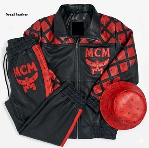 Ensemble de survêtement en cuir MCM, veste et pantalon en cuir de vachette véritable, costume de luxe streetwear rouge et noir, ensemble motard avec sac seau - Product Image 1