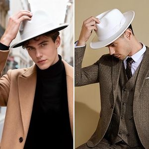 White Wool Fedora Hat Wide Brim Ribbon Band Unisex Formal Style Spring Summer Casual Adult 56-58CM - Product Image 2