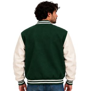 <b>Mens</b> Forest <b>Green</b> Off White Varsity <b>Jacket</b> Contrast Sleeves Snap Button Baseball Bomber Striped Ribbed College Streetwear <b>Jacket</b> - Product Image 3