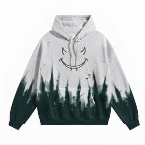 เสื้อฮู้ดดี้โอเวอร์ไซส์แบบยูนิเซ็กซ์ สีเขียวเทา พิมพ์ลายหน้ายิ้ม ประดับด้วยคริสตัล  ผ้าเฟรนช์เทอร์รี่เนื้อหนา ซักแบบแอซิดวอช สวมใส่สบายๆ ในฤดูร้อน - Product Image 3