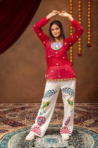 Women's Red Ethnic Cotton Digital <b>Printed</b> Embroidered <b>White</b> <b>Palazzo</b> Pants Loose Fit Casual Wear India Pakistan Style All Seasons - Product Image 3