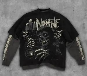 OEM personnalisé graphique Dtg impression hommes double couche t-shirt unisexe 100% coton vintage lavé à l'acide Streetwear t-shirt à manches longues - Product Image 5