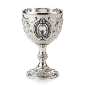Vintage Embossed Metal <b>Goblet</b> With Crystal Inlay Round Stemmed Wine <b>Glass</b> For Wedding Occasion Handmade Stainless Steel - Product Image 1
