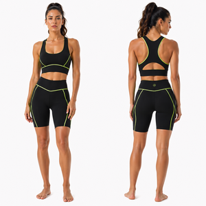 Women Contrast Stitch Yoga Set <b>Racerback</b> Sports <b>Bra</b> High Waist Biker Shorts Fitness Gym Workout Activewear Set - Product Image 1
