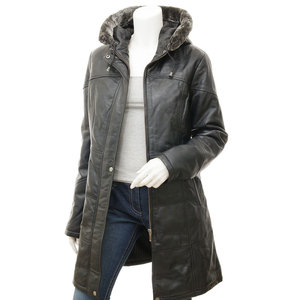 Custom Oem <b>Women's</b> Genuine <b>Leather</b> <b>Long</b> Coat With Fur Trim Hood Quilted Winter <b>Jacket</b> Full Sleeve Zipper Closure Moto Style - Product Image 1