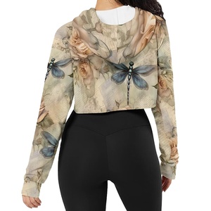 New Arrival 100% Cotton Women's Crop Top <b>Hoodie</b> with Long Sleeves Winter <b>Workout</b> Hooded Collar and Pockets - Product Image 5