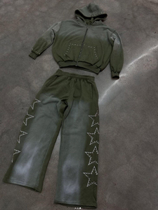 Men's Hooded Casual Solid Tracksuit Regular Fit Vintage Acid Wash Flared Sweats <b>Set</b> Rhinestone Cut and <b>Sew</b> Drawstring Sun Faded - Product Image 2