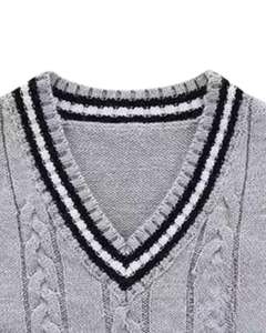 Chaleco de Punto Gris con Ribete Negro, Manga Regular, 100% Algodón, con Patrón de Letras, Cuello en V, Suave y Cálido, para Invierno - Product Image 2