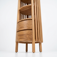 Estantería de exhibición de madera de teca maciza de primera calidad, de tres niveles, con listones verticales, librero minimalista, gabinete de almacenamiento con cajones, tamaño personalizado para sala de estar