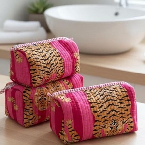 Pink Tiger Print Corduroy Cosmetic Bag Toiletry bag with Zipper Closure Fashion Portable <b>Makeup</b> Case Small Size Animal Pattern - Product Image 4