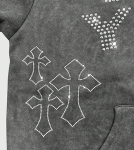 Oversized Acid Wash <b>Rhinestone</b> Hooded Fleece <b>Jacket</b> 100% Cotton Regular Fit Quick Dry - Product Image 5