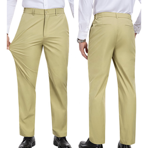 Pantalon de golf plat kaki pour homme, coupe droite, taille mi-haute, infroissable, style décontracté chic, pour le sport et le golf, en vente - Product Image 1