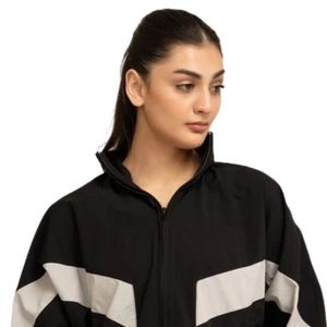 Blouson bomber noir pour femme, manches longues, fermeture éclair sur le devant, tricoté, imperméable, séchage rapide, empiècements contrastants, léger, cordon de serrage - Product Image 2