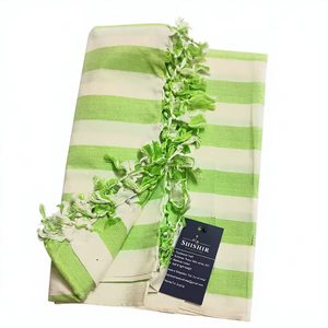 Green Striped Cotton Bath Towel with Tassel Fringe Soft Quick Dry Lightweight Multipurpose Travel Beach Towel for Home Use India - Product Image 1