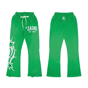 กางเกงขายาวทรงบานผ้าฟลีซผสมคอตตอนโพลีเอสเตอร์พรีเมียม 320 GSM สีเขียว กางเกงสเวตแพนท์ขากว้าง สกรีนโลโก้ตามสั่ง สไตล์สตรีทแวร์ - Product Image 1