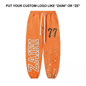 Pantalones Deportivos para Mujer, 400 GSM, Felpa de Algodón Premium, Estampado Gráfico con Pedrería Naranja, Estampado Puff, Bordado, Logotipo Personalizado, OEM, ODM - Product Image 1
