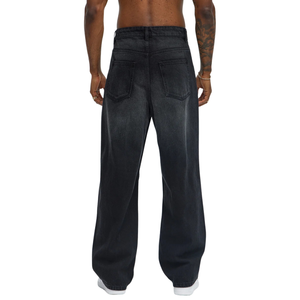 Jean droit déchiré noir pour homme, coupe décontractée, en denim délavé, style streetwear, avec détails de déchirures aux genoux, vintage moderne - Product Image 2