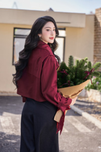 Women's <b>Burgundy</b> Regular Length Double Breasted <b>Trench</b> <b>Coat</b> Epaulettes Adjustable Cuff Casual Outerwear Anti-shrink Anti-Wrinkle - Product Image 5