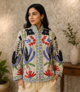 Chaqueta Bomber de Algodón Ecológico, Transpirable, con Estampado Floral Vintage, Cuello Mao, Reversible, de Lujo, Artesanal, para Mujer - Product Image 1