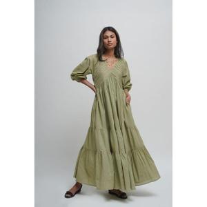 Robe longue trapèze 100 % coton vert olive avec col en V, manches lanternes, volants superposés, style estival respirant en lin pour femme - Product Image 1