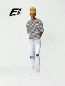 Camisetas Cortas de Alta Calidad para Hombre, a Rayas, 100% Algodón, Manga Corta, Corte Holgado, Transpirables, Ropa Urbana Personalizada al por Mayor, Estilo Americano - Product Image 6