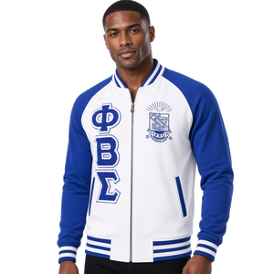 Phi Beta Sigma <b>White</b> Royal Blue Varsity <b>Jacket</b> <b>Men</b> Greek Letter Embroidery Crest Full Zip Fraternity College <b>Jacket</b> Greek - Product Image 1