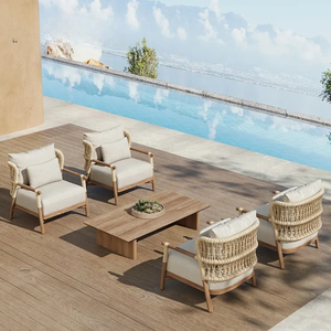 Juego de Sofás de Madera de Teca Premium para Exteriores con Sillones de Cuerda Tejida, Cojines Color Crema y Mesa de Centro para Patio, Jardín o Resort - Product Image 5
