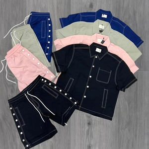 Ensemble de survêtement décontracté pour homme avec logo personnalisé, 100% coton velours, sequins thermocollés, séchage rapide, fermeture éclair, polo et short de jogging - Product Image 4