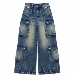 Pantalon cargo en jean ample pour homme avec logo personnalisé, style vintage délavé bleu, multi-poches, vêtements de travail, usine OEM ODM - Product Image 1