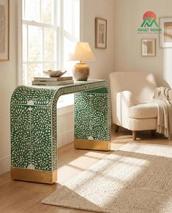 Mesa Consola Contemporánea con Patrón de Hojas Verdes y Detalles Dorados, Mueble Rectangular para Entrada Interior - Product Image 6