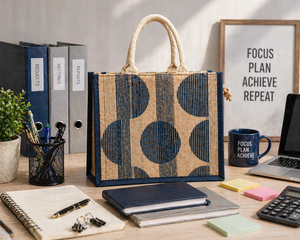 Sac fourre-tout en jute imprimé géométrique avec fermeture éclair, écologique, cadeau d'entreprise, sac de shopping réutilisable, logo personnalisé - Product Image 3