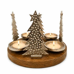 Porte-bougie en bois avec arbres de Noël en métal, bol à bougie chauffe-plat, centre de table rond, décoration festive pour la maison - Product Image 1