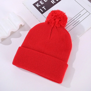 Bonnet en tricot unisexe en acrylique avec pompon, bord côtelé, chaud pour l'hiver, couleur unie pour adultes - Product Image 2