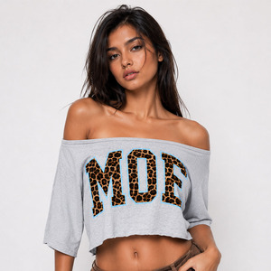 Varsity Leopard Graphic Print Slash Neck Ladies Casual <b>Crop</b> <b>Top</b> Bulk Manufacturer Custom Logo Wholesale Oversized women's shirt - Product Image 4