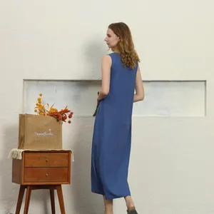 <b>Bohemian</b> Blue Cotton Linen Midi <b>Dress</b> V-Neck With Buttons Sleeveless Loose Fit Summer Casual Women <b>Maxi</b> <b>Dress</b> - Product Image 5