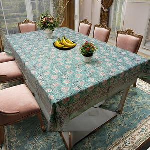 Mantel de Lona de Algodón Indio Ecológico, Hecho a Mano, con Estampado Floral Moderno, Color Verde, para Mesa de Comedor de 6 a 8 Personas - Product Image 1