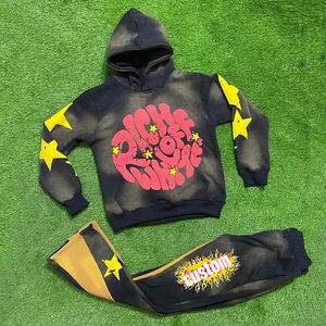 Fabricants de vêtements : Survêtements d'hiver pour hommes en coton, coupe évasée, style vintage délavé à l'acide et effet soleil, avec impression en relief - Product Image 2