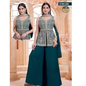 Conjunto de Sharara con Peplum Bordado en Verde Esmeralda para Mujer, con Dupatta, Diseño de Alta Costura para Bodas y Fiestas - Product Image 1