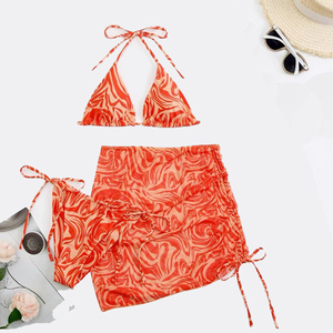 Conjunto de Bikini Personalizado para Mujer, Estampado Naranja, Top Halter y Falda, Traje de Baño de 2 Piezas, Elástico, Spandex, Poliéster, Ropa de Playa 2026 - Product Image 1