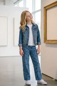 High Quality Relaxed Fit Heart Print Denim <b>Jeans</b> <b>Elastic</b> <b>Waist</b> From India Exporter At Best Price Denim <b>Jeans</b> - Product Image 4