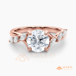 แหวนหมั้นเพชรโมอิสซาไนต์ทรงกลม 14K โรสโกลด์ ประดับเพชรทรงมาร์คีส์ด้านข้าง ของขวัญเครื่องประดับเจ้าสาวสำหรับเธอ สหรัฐอเมริกา - Product Image 5
