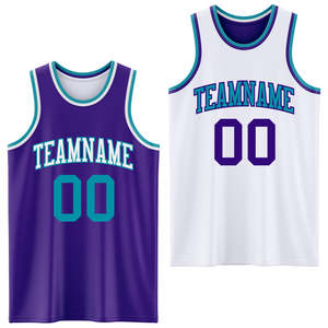 Ensemble d'uniformes de basketball réversibles en gros, maillot d'équipe violet personnalisé par sublimation, short blanc en maille respirant, vêtements de sport d'usine - Product Image 1