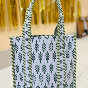 National Fashion Light Blue Cotton Hand Block Printed Floral Print Quilted <b>Mini</b> <b>Tote</b> <b>Bag</b> for Women Shopping Beach Use - Product Image 1