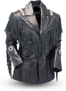 Men's Black Genuine Leather <b>Jacket</b> With Fringe And Hand Embroidery Vintage <b>Western</b> Style Turn-down Collar Regular Fit - Product Image 2